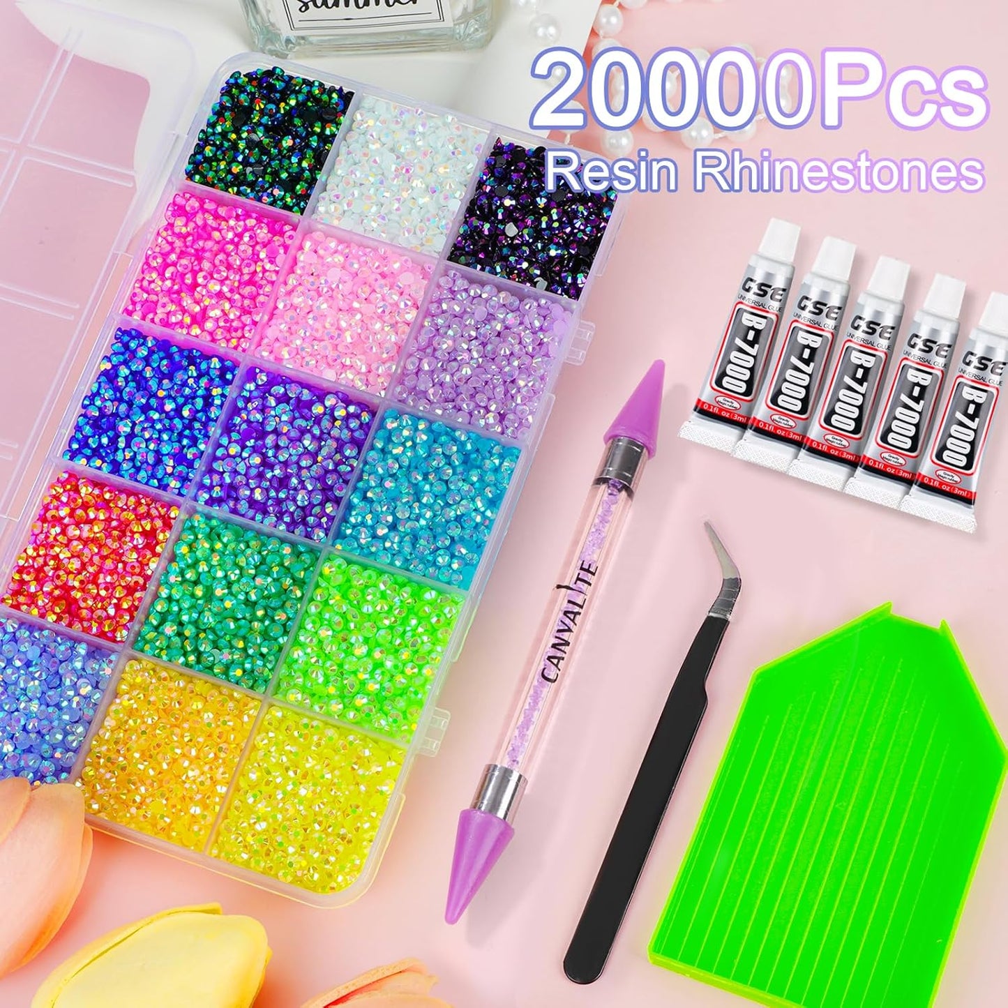 18000Pcs Resin Jelly Rhinestones for Bedazzling, Multicolor 3mm Flatback Rainbow Gems, Bedazzling Crystal with 4Pcs 2.5g Jewelry Glue, Rhinestone Picker for DIY Crafting Clothes Shoes Nail Art