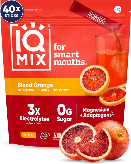 IQMIX Hydration Electrolyte Powder – 4-in-1 Formula for Hydration, Mental Clarity, Mood and Recovery – Sugar-Free Drink Mix, Keto, Magnesium L-Threonate, Lion’s Mane – 40 Count Blood Orange