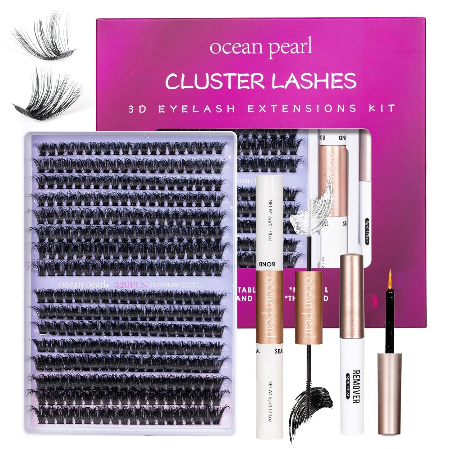 3D Thick Lash Extension Kit 320 Pcs Lash Clusters 60D+80D 10-16mm Eyelash Extension Kit Individual Lashes with lash bond and seal,remover,tweezers,Eyelashes,DIY Eyelash Extensions Kit-OCEAN PEARL