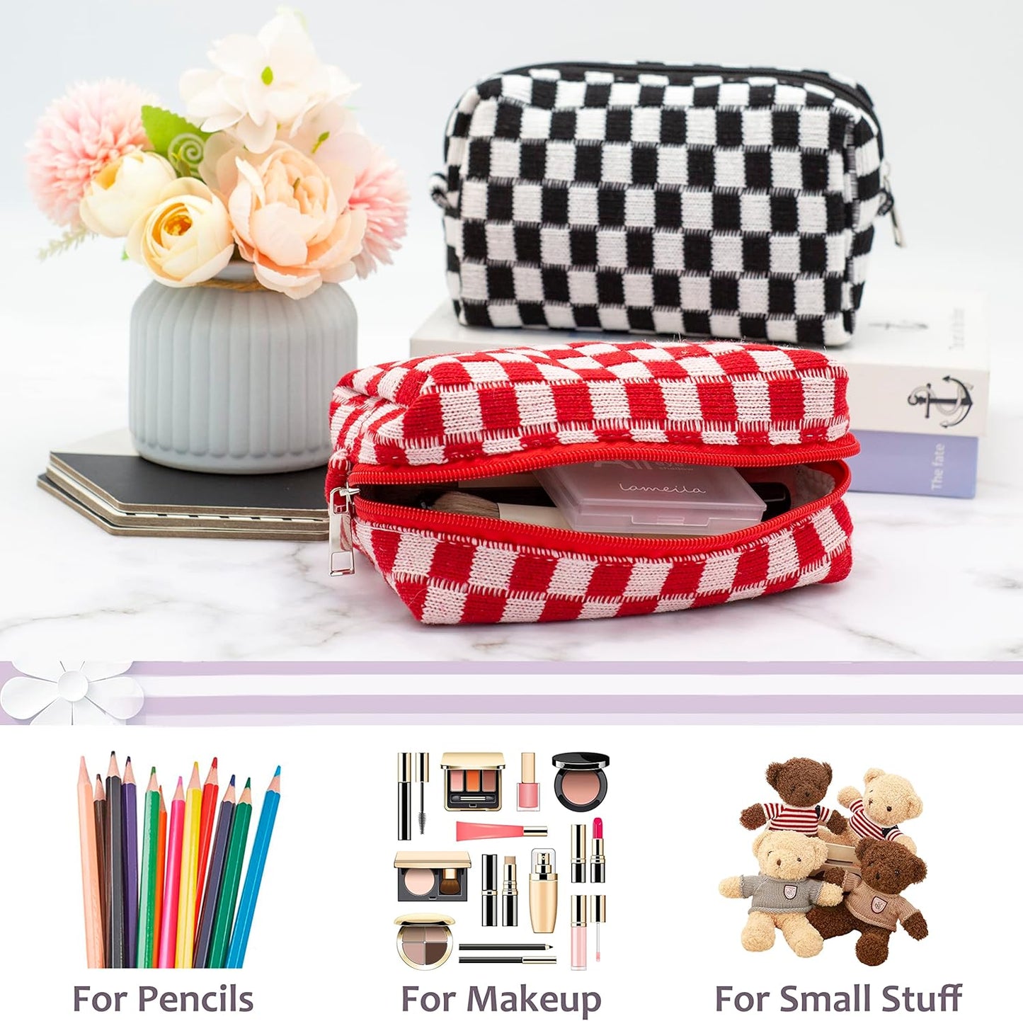 PAZIMIIK Checkered Makeup Bag for Purse Portable Zipper Make Up Pouch Small Cosmetic Case for Travel Accessories (6PCS Red)