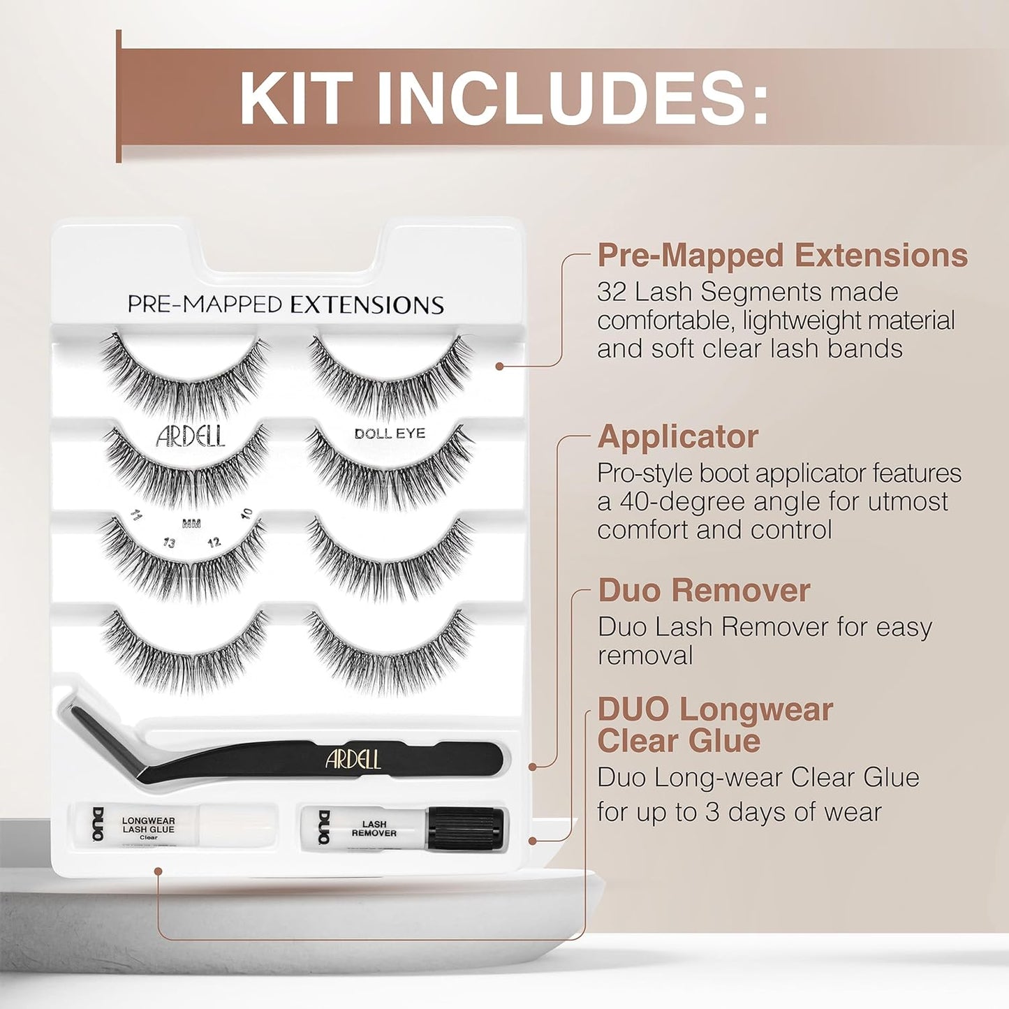 Ardell Pre-Mapped Eyelash Extensions Kit - False Lashes Doll Eye, Reusable Segmented Lash Strips, Long-Lasting with Lash Glue and Remover, 4 Pack