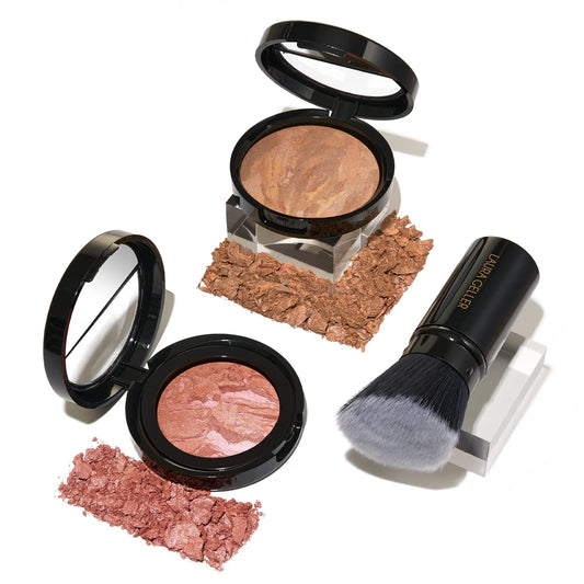 Blush-n-Glow Kit (3 PC): LAURA GELLER NEW YORK Baked Balance-N-Glow Illuminating CC Powder Foundation Sand, Retractable Kabuki Brush, Baked Blush-N-Brighten Pink Grapefruit