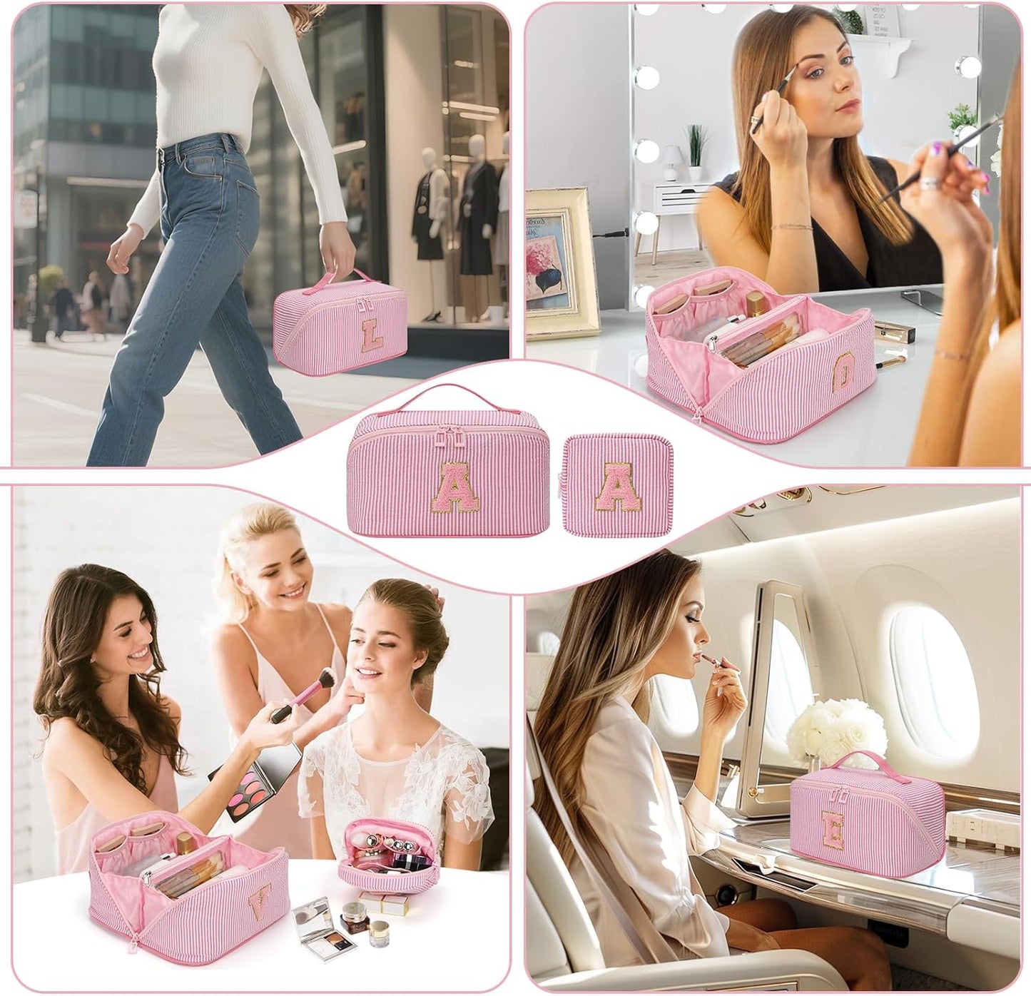 Travel Makeup Bag for Women, 2Pcs Portable Personalized Initial Makeup Organizer Bag, Open Flat Large Cosmetic Bag With Travel Essential Pouch (Pink Letter H)