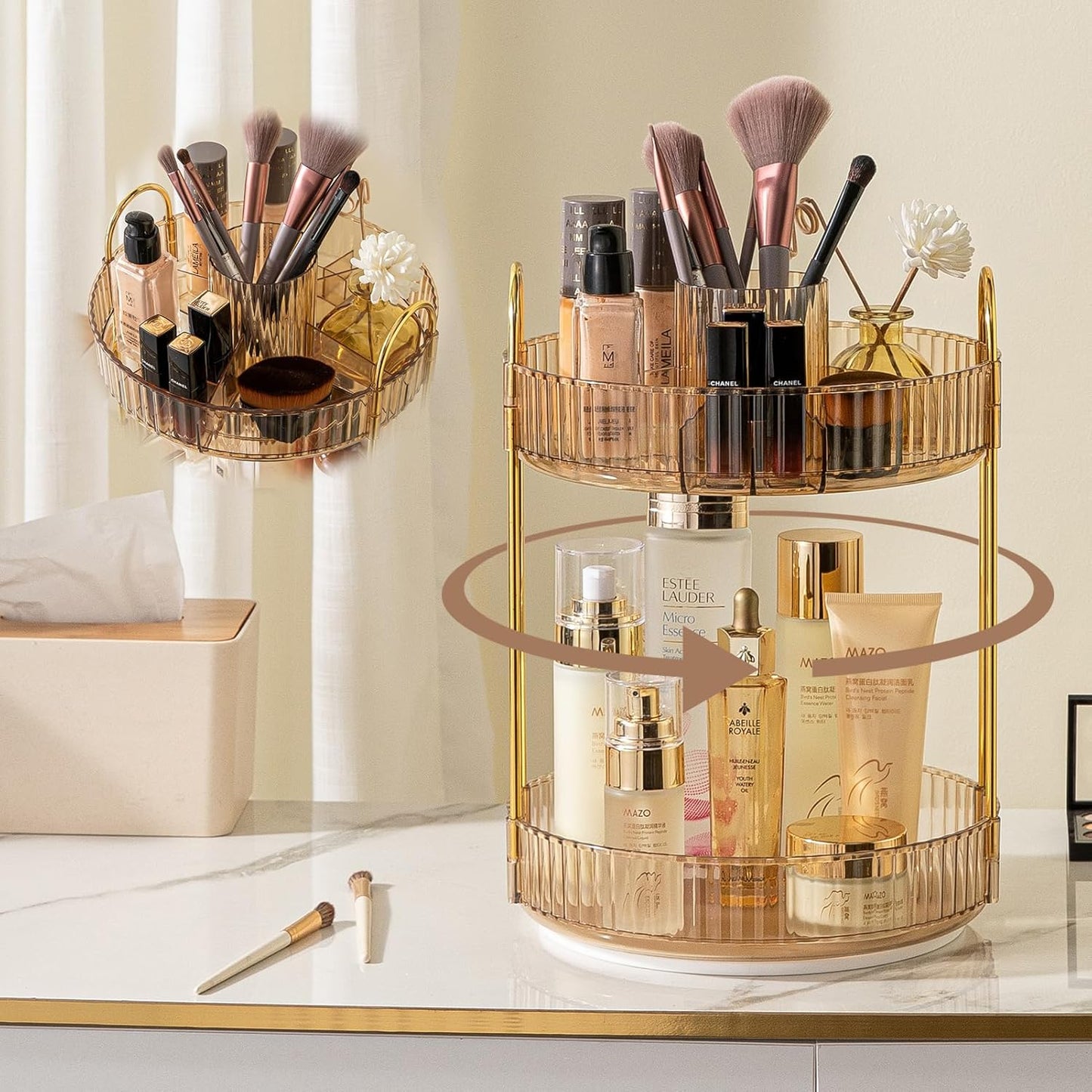 Rotating Makeup Organizer for Vanity, High-Capacity Skincare Clear Make Up Storage Perfume Organizers Cosmetic Dresser Organizer Countertop 360 Spinning (Gold, New-2 Tier)