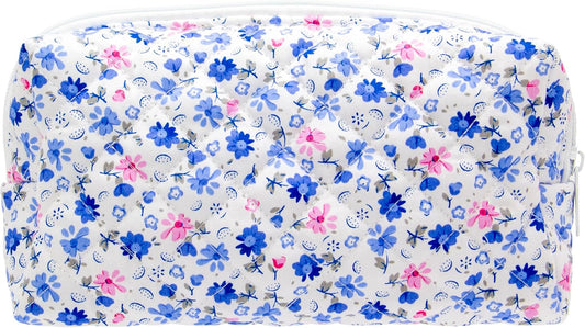 PAZIMIIK Vintage Quilted Makeup Bag Cosmetic Pouch for Brushes Pencils and Travel Make Up Accessories for Women and Girls Flower Blue