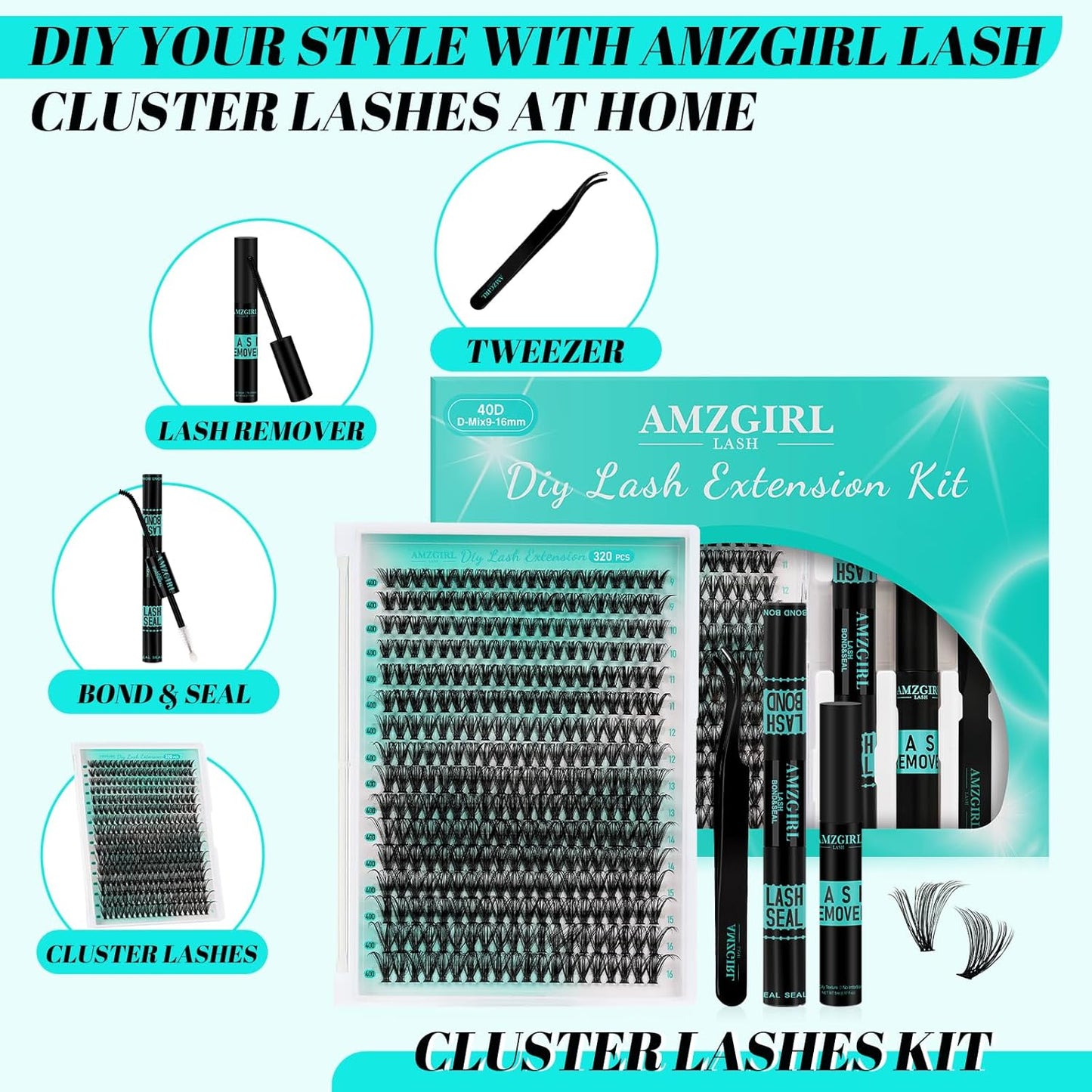 Lash Clusters Kit 320Pcs,40D Eyelash Extension Kit,Lash Bond and Seal Waterproof,Lash Remover for Individual Cluster Lashes Kit,Lash Applicator Tool for DIY Lash Extension Kit(D-Mix9-16mm Kit)