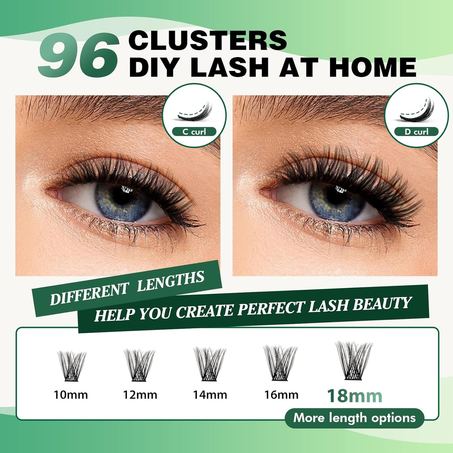 Lash Clusters 96pcs Individual Lashes Y01 C Curl 16mm Cluster Lashes KEYYOU Volume Wispy Lash Extension Soft&Comfortable Easy DIY at Home(Y01,C-16mm)