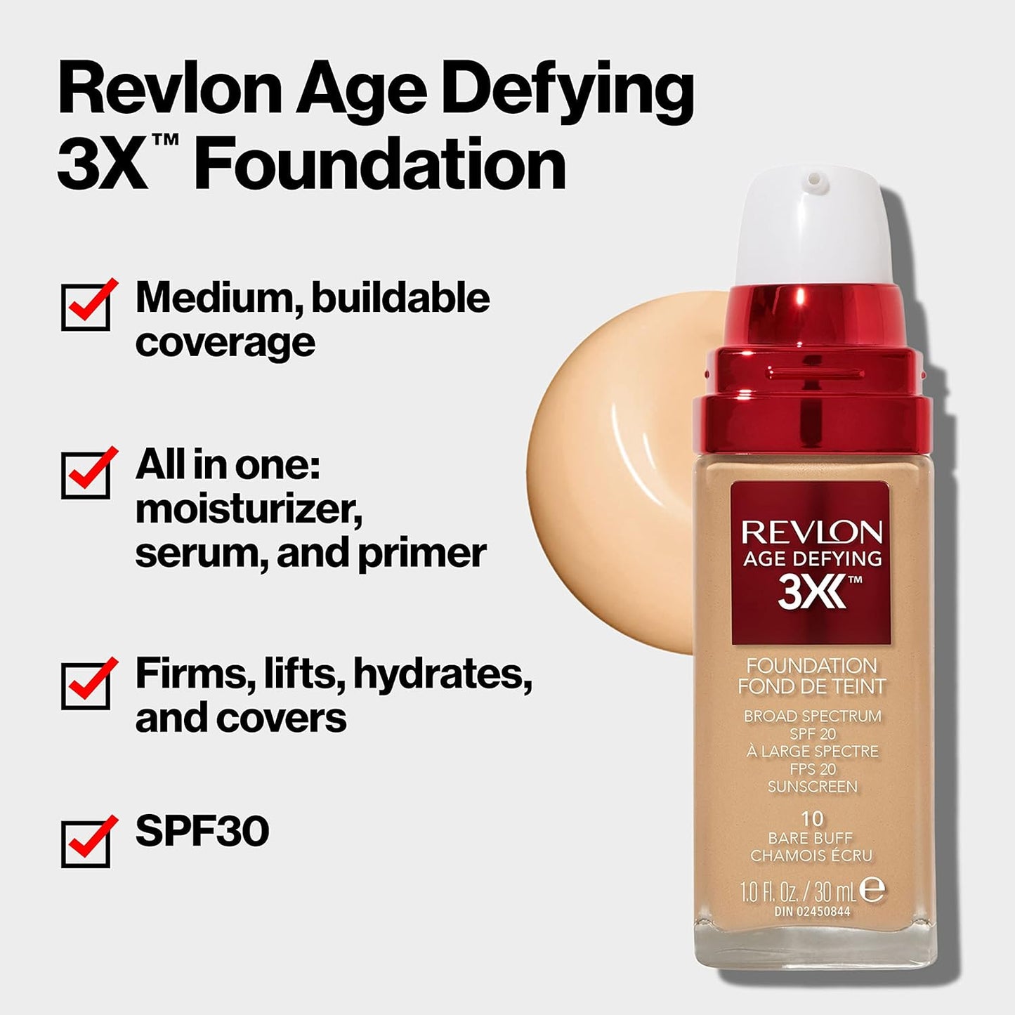 Revlon Age Defying 3X Makeup Foundation, Firming, Lifting and Anti-Aging Medium, Buildable Coverage with Natural Finish SPF 20, 020 Tender Beige, 1 fl oz