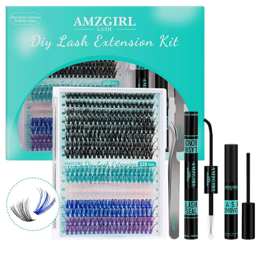 Lash Extension Kit 320Pcs,DIY Individual Lashes Clusters Kit,Lash Bond And Seal,Lash Remover For Colorful Eyelashes Extensions,Lash Applicator Tools For False Eyelash Cluster Kit(40D,D-Mix9-16mm Kit)