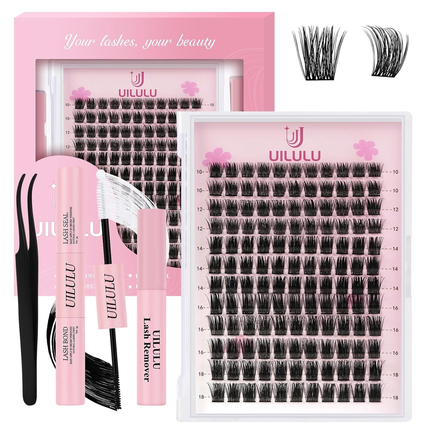 Lash Clusters kit 10-18mm DIY Lash Extension Kit 132 D Curl Lash Clusters 0.07D Fluffy Individual Lashes Clusters False Eyelashes Natural Wispy Eye Lash Kits Extensions Kit U08 Kit