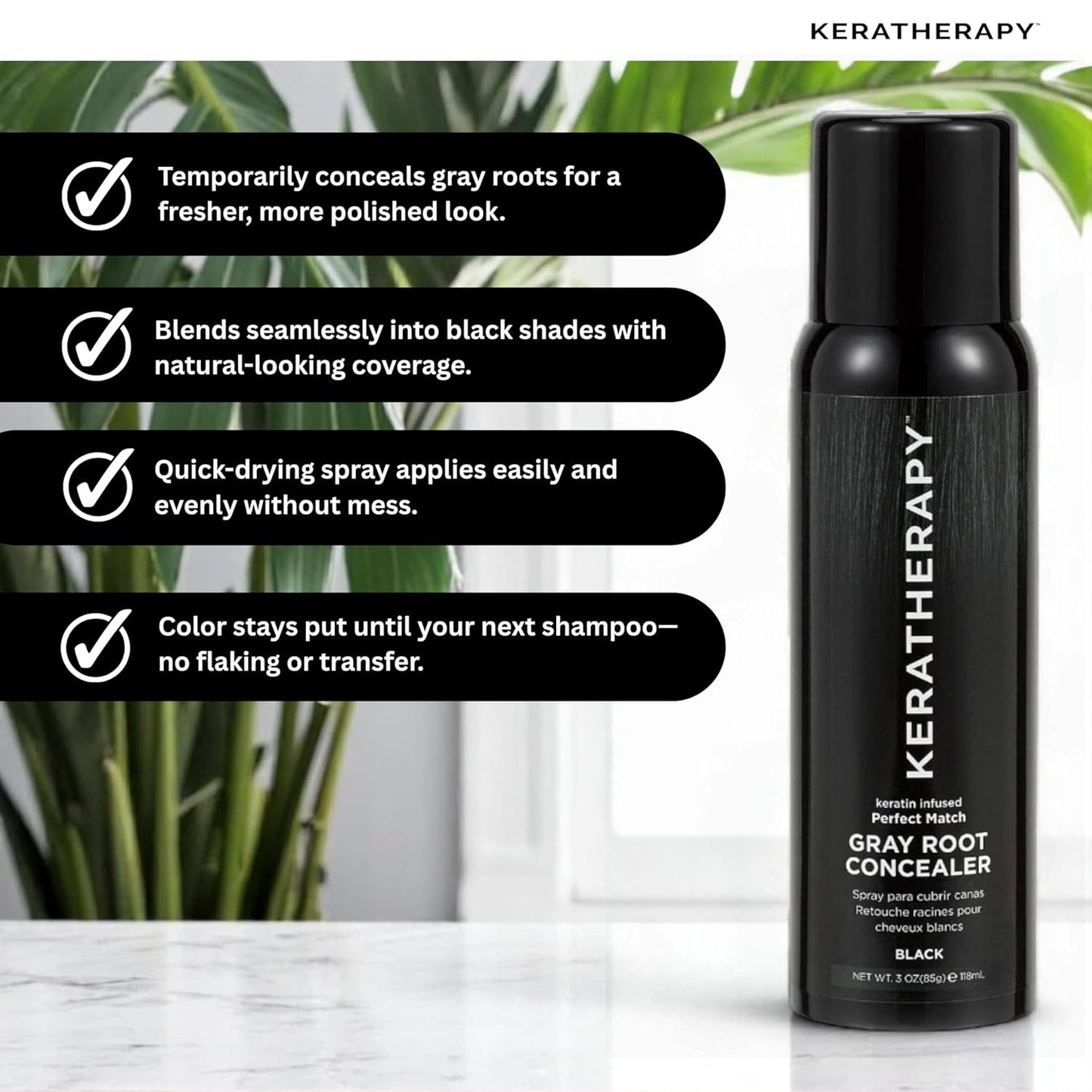 Keratherapy Keratin Infused Perfect Match Gray Root Concealer Spray, Black, 3 oz, 118 ml - Root Cover Up Spray to Hide Gray Roots - Keratin Therapy Hair Darkening & Temporary Scalp Concealer