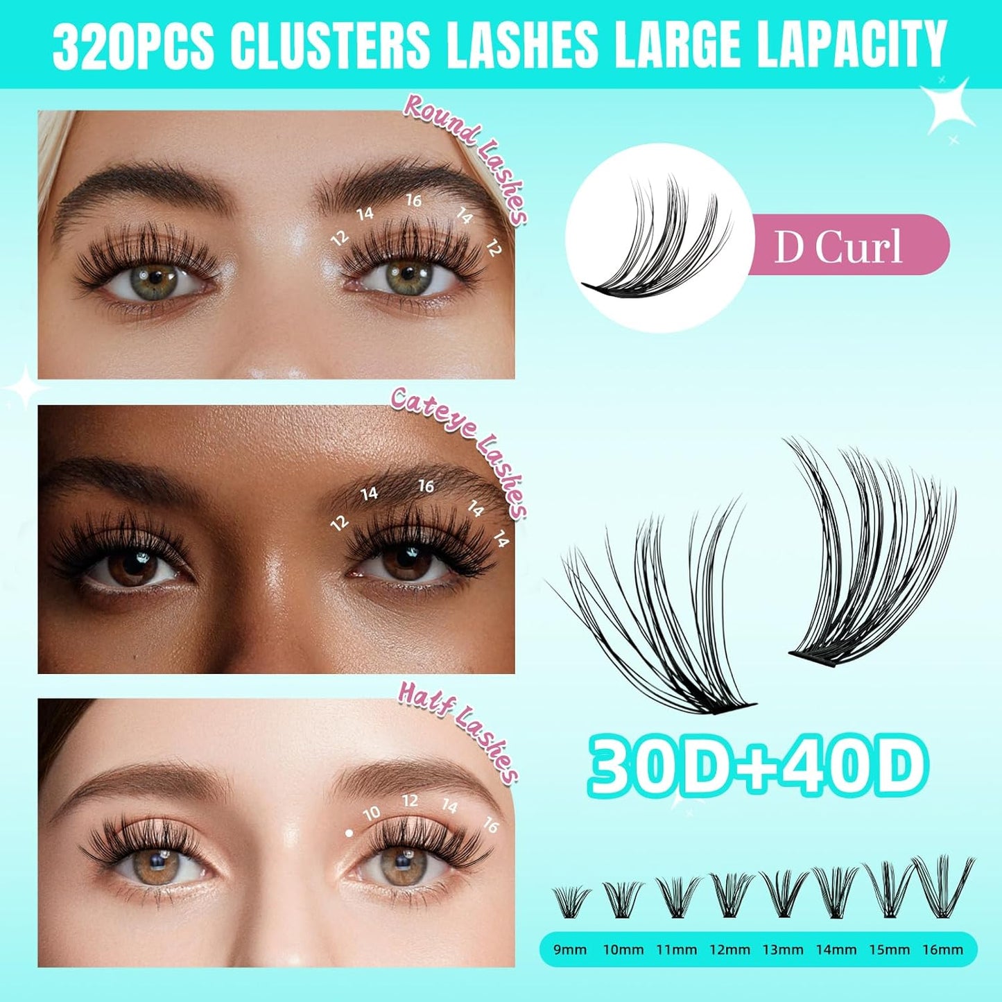 Lash Clusters Wispy 320PCS Eyelash Extension 30D 40D Cluster Lashes Individual Lashes DIY Lash Extension Natural Look Cluster Eyelash Extensions Soft False Eyelashes at Home for Beginners(D-Mix9-16mm)