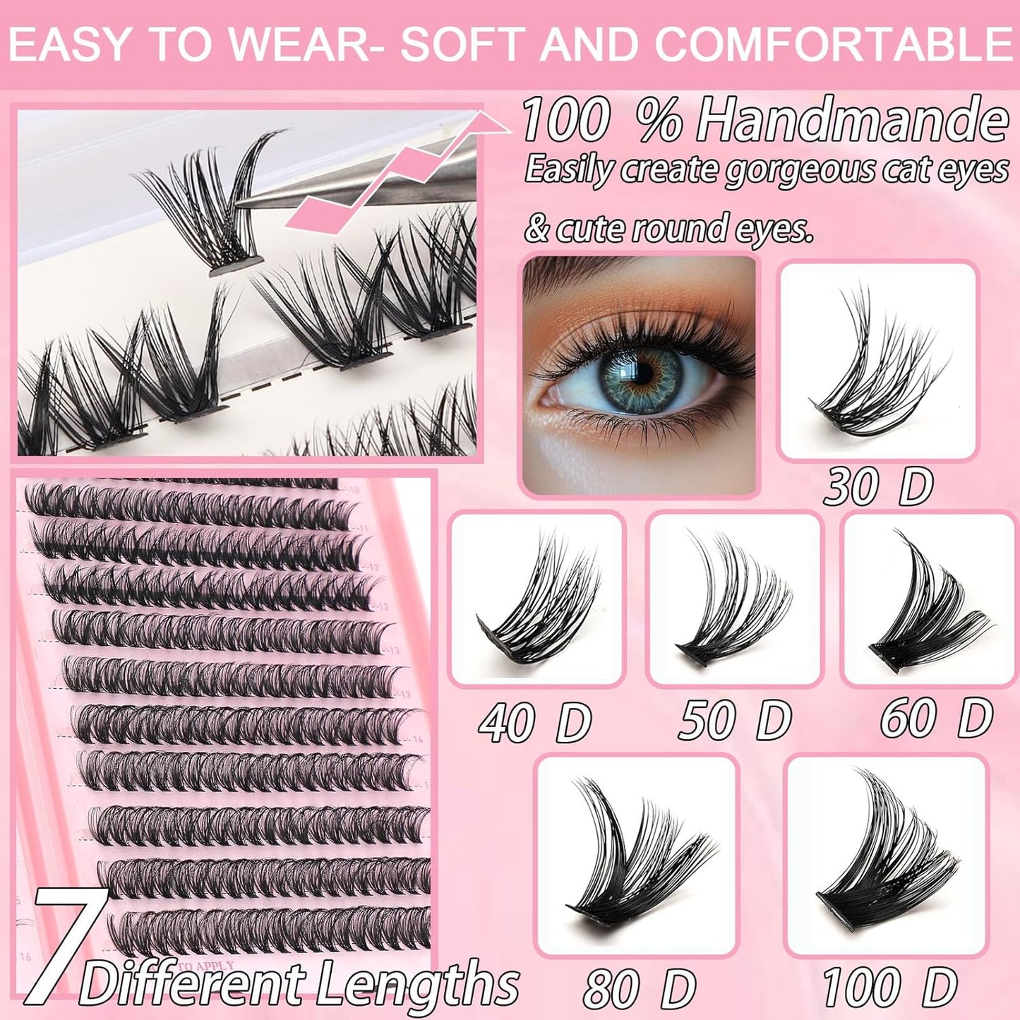640 Pcs D Lash Clusters, Eyelash Clusters Individual Lash Extension Curl Fluffy Wispy False Eyelashes Extensions (Lash Clusters, 60D+80D 9-16mm)