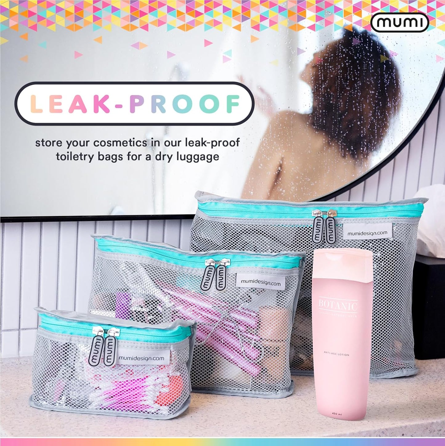 MUMI Travel Toiletry Bag Set of 3 – Clear TSA Approved Toiletry Bags for Women – Reusable Water-Resistant Makeup Organizer Pouches for Skincare, Cosmetics, Travel Accessories, Airport Packing - Aqua