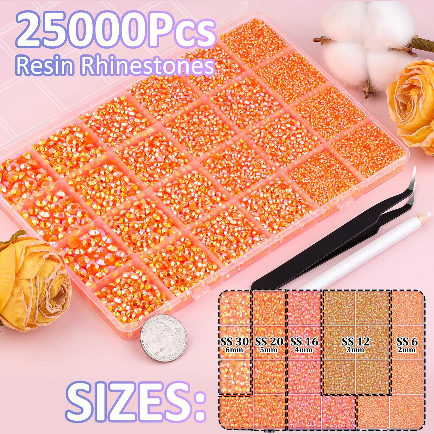 25000Pcs Resin Rhinestones with Tweezers for Crafting, Orange AB 2-6mm Mixed Sizes Bedazzling Crystal with 3Pcs 10ml B7000 Jewelry Glue for DIY Crafts Clothing Tumblers Shoes Fabric Nail Art