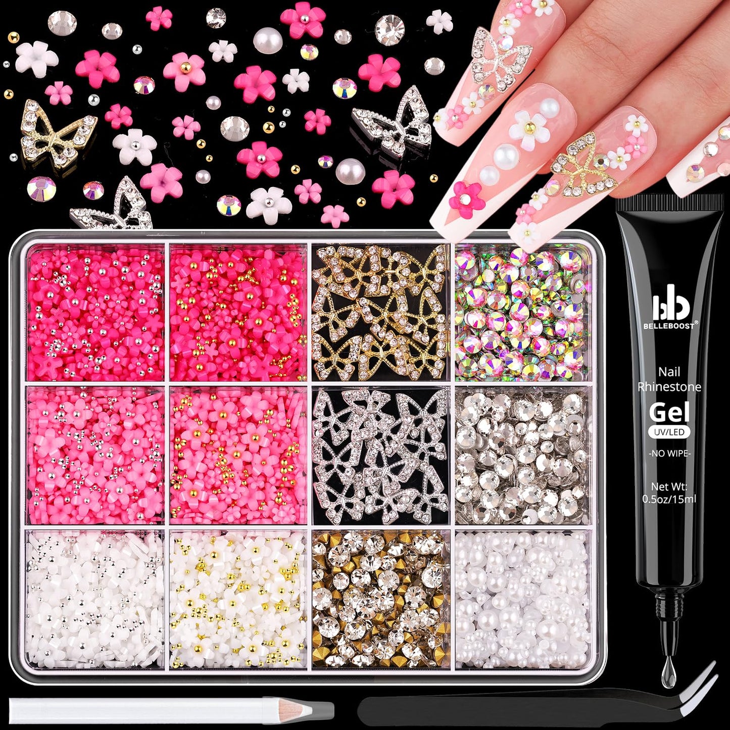3D Nail Charms and Gems Set 2 with Rhinestone Glue, 20PCS Gold and Silver Chunky Butterfly Nail Charms, 3D Flowers for Nails, Flatback Crystals and Pearls + Diamonds + Picker Tool for Y2K Nail Decor