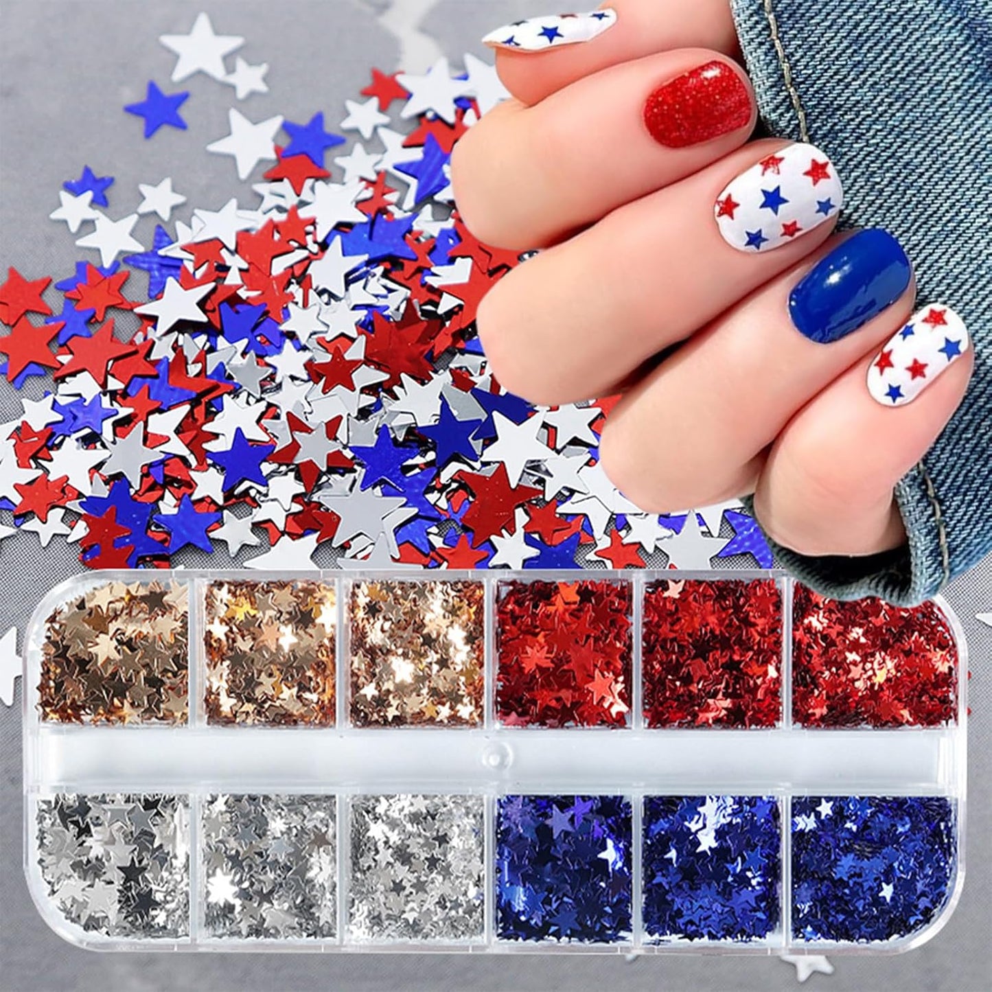12 Grids Independence Day Nail Sequins，3D Holographic Nails Glitter Laser Star Nail Shining Flakes for Fourth of July Five-Pointed Star Mixed Sequins for America Patriotic Face Makeup Nail Decoration