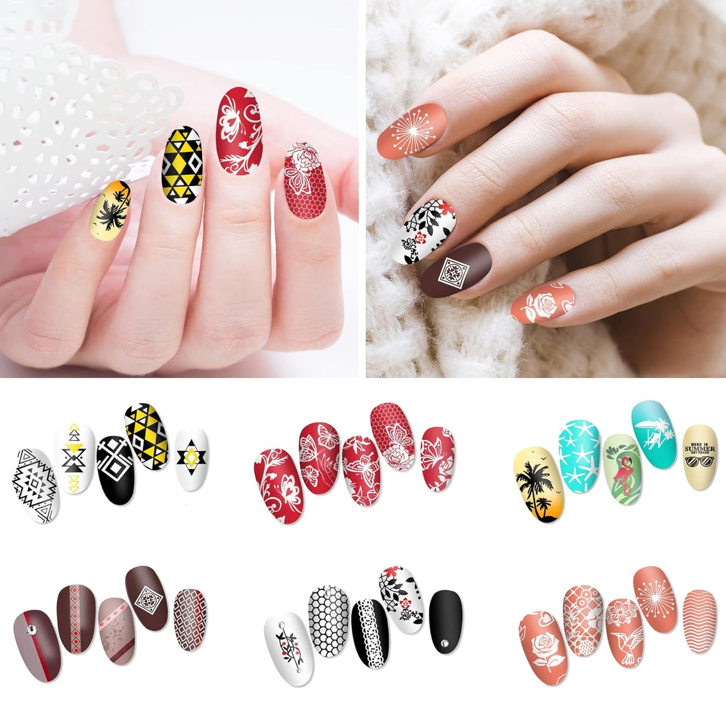 AddFavor Nail Stamper Kit 6pcs Flower Lace Nail Art Stamping Plate Butterfly Leaf Geometry Template with Silicone Nail Stamper and Scraper for Women Girls DIY Fingernail Manicure Stencils Tools