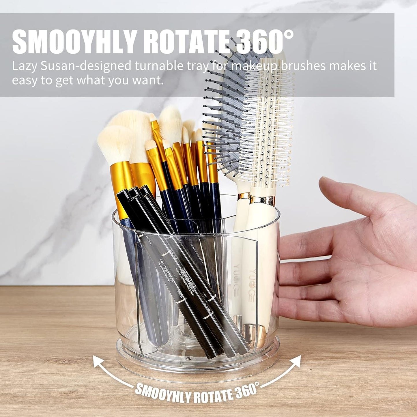 Makeup Brush Holder Organizer -Rotating 360° Clear Storage Cup Containers for Vanity, Desk, Countertop, Spinning Pen Holder for Desk, Round Make up Brush Stand with 5 Slots, for Cosmestics (Clear)