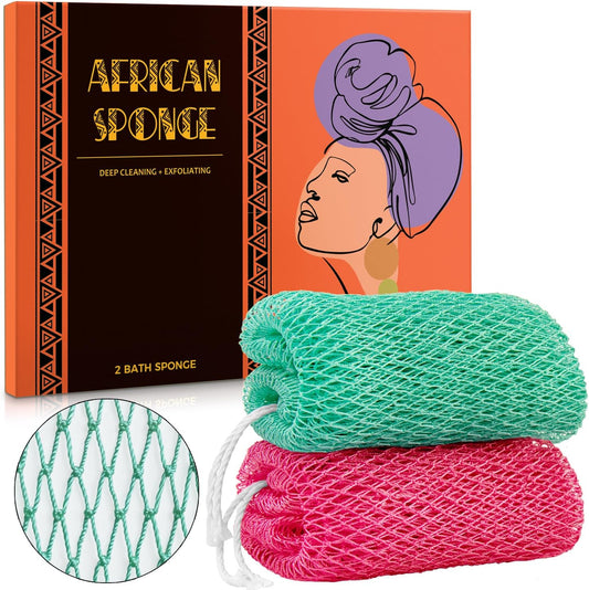 African Net Sponge Authentic - 2 Pieces Real African Exfoliating Sponge with Knots - Afro Back Scrub Net for Body Exfoliator - Bath Loofah Washcloth for Shower Essentials