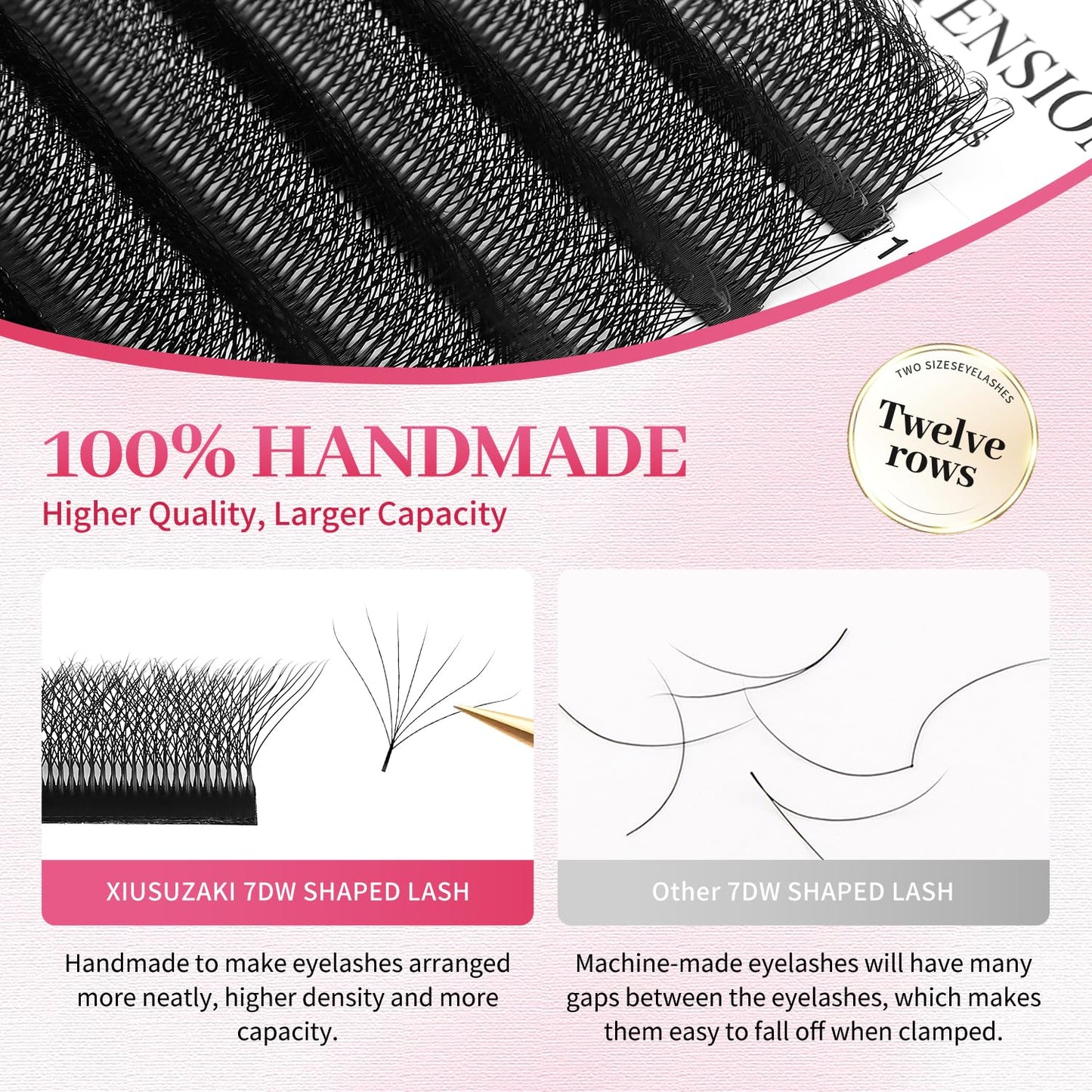 W Lash Extensions Supplies 7D Eyelash Extensions W Shape 0.07mm Thickness C Curl 11mm Premade Fans Easy Fan Lashes Volume Matte Black 12 Rows Crisscross Eye Lashes(W-7D-0.07-C,11mm)