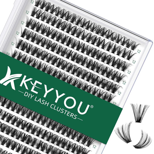 Lash Clusters 300pcs Individual Lashes 40D 0.07D Curl 12mm DIY Eyelash Extension KEYYOU Large Tray Volume Soft&Natural Eyelash Clusters(40D-0.07D,12）