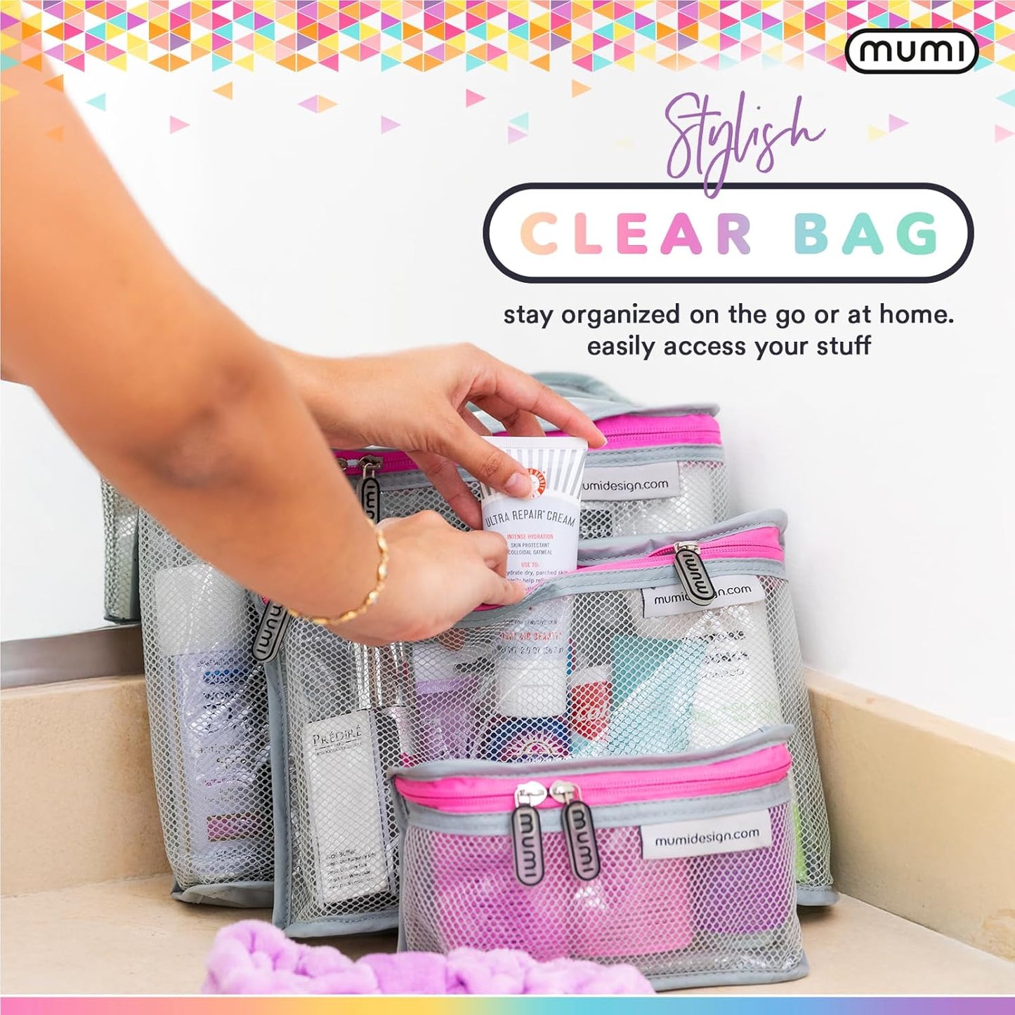 MUMI Travel Toiletry Bag Set of 3 – Clear TSA Approved Toiletry Bags for Women – Reusable Water-Resistant Makeup Organizer Pouches for Skincare, Cosmetics, Travel Accessories, Airport Packing - Pink