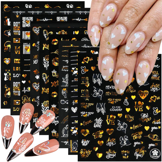 9 Valentines Nail Art Heart Stickers - Self-Adhesive Gold, 3D Rose Love Cupid Heart Letter Nail Decals for Women