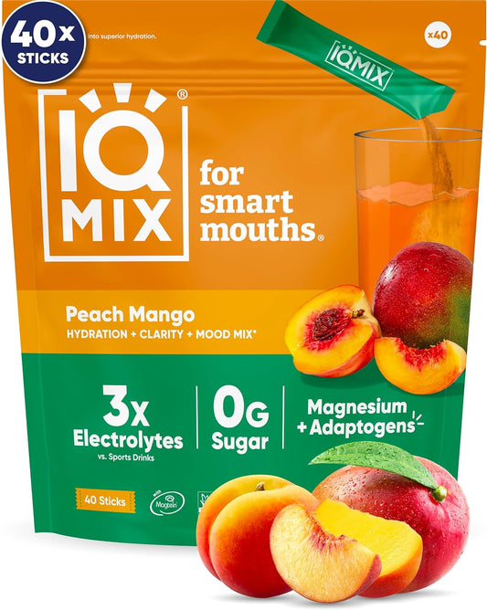 IQMIX Hydration Electrolyte Powder – 4-in-1 Formula for Hydration, Mental Clarity, Mood and Recovery – Sugar-Free Drink Mix, Keto, Magnesium L-Threonate, Lion’s Mane – 40 Count Peach Mango
