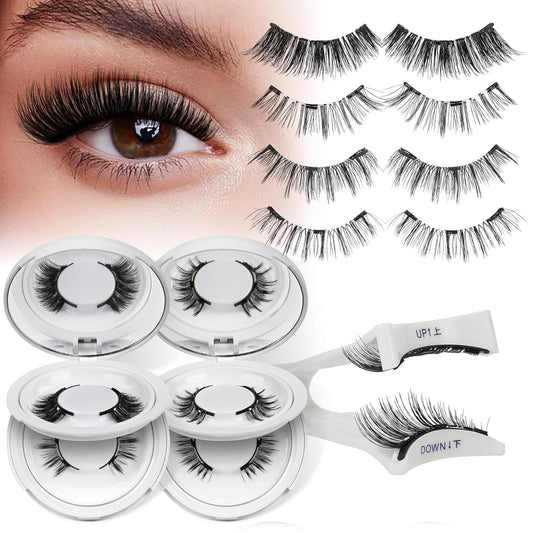 QUEWEL Magnetic Eyelashes 4 Pair Reusable Magnetic Eyelashes with Applicator No Glue Needed Eyelashes Natural Look Lash Clusters Kit Easy to Wear and Remove(4 Pairs-B02)