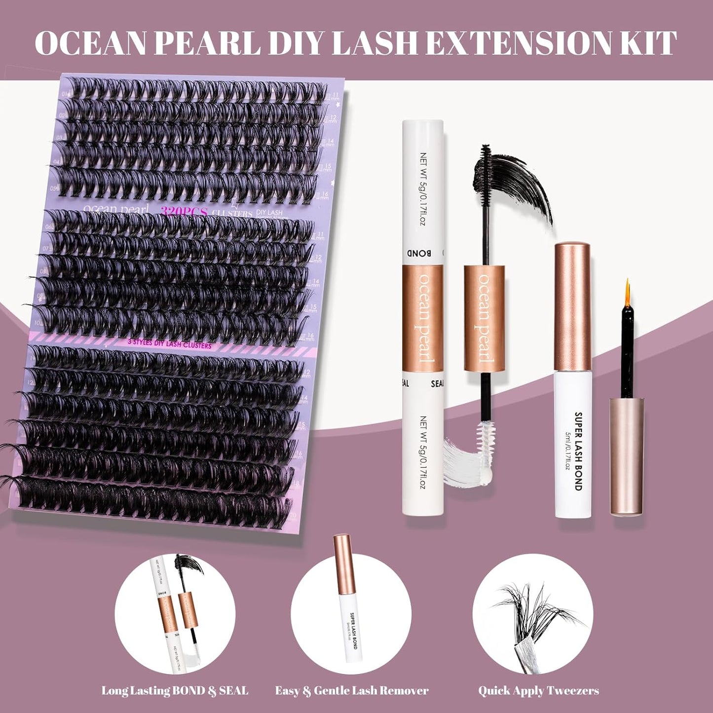 Ocean Pearl Lash Clusters 320PCS 11-20mm Lash Extension Kit 40D+50D+100D Eyelash Extension Kit Individual Lashes Thick Eyelash Clusters Lashes Clusters with Eyelashes Bond+Seal+Remover+Tweezer-100D