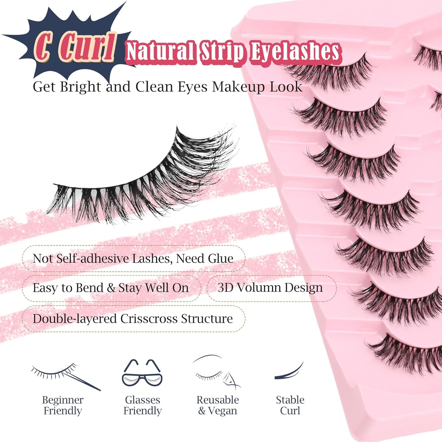 Wipsy Lashes Cat Eye False Eyelashes Natural Look 7 Pair Lash Strips Siligli