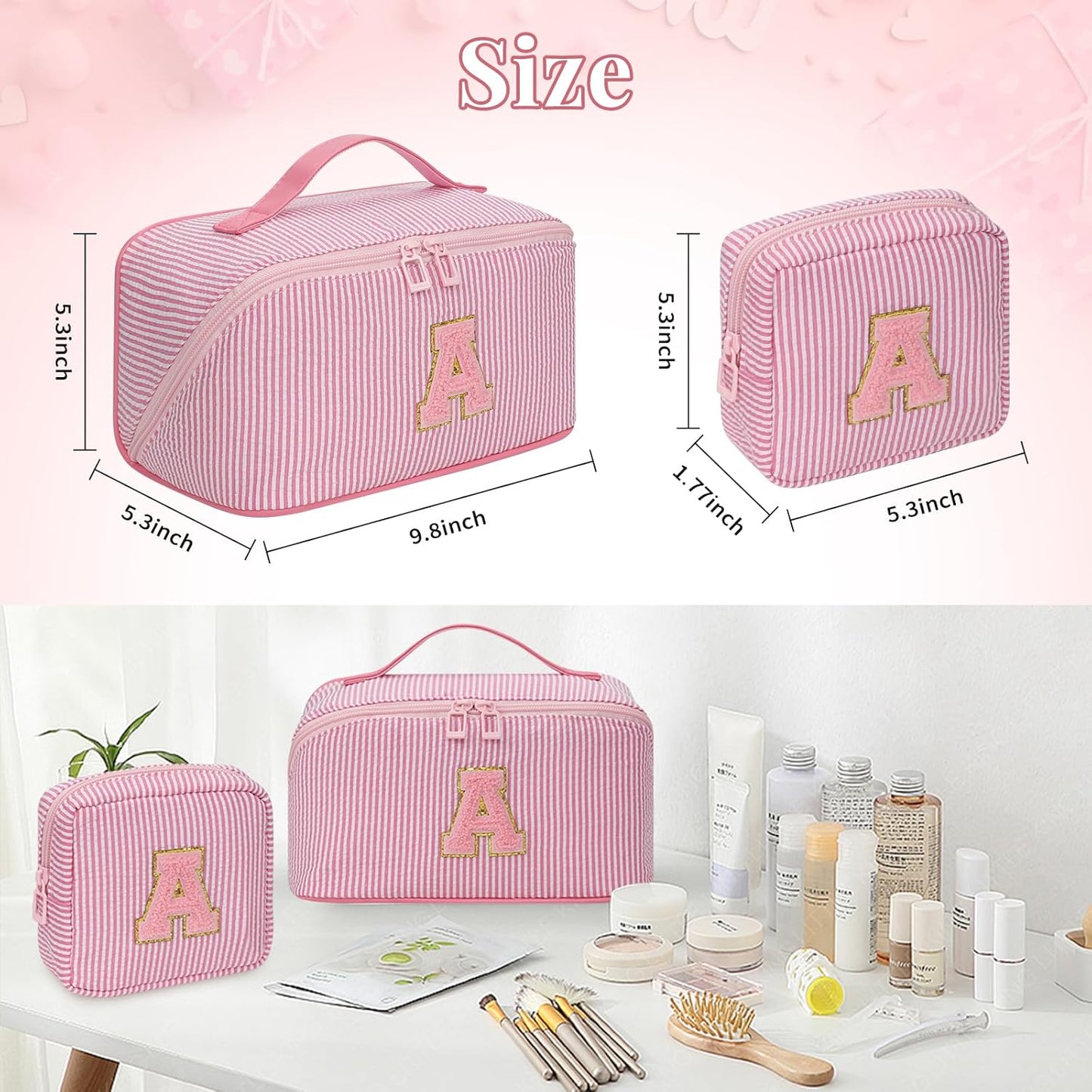 Travel Makeup Bag for Women, 2Pcs Portable Personalized Initial Makeup Organizer Bag, Open Flat Large Cosmetic Bag With Travel Essential Pouch (Pink Letter A)