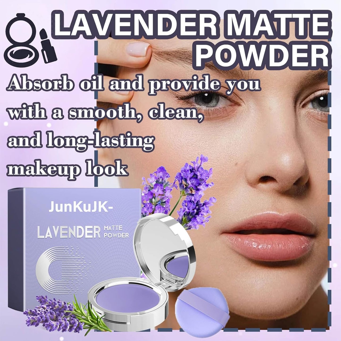 Lavender Matte Powder,Long Lasting Oil Control Lavender Setting Powder Makeup with Mini Powder Puff,Hydrating Travel Size Mini Setting Compact Powder for All Skin Types