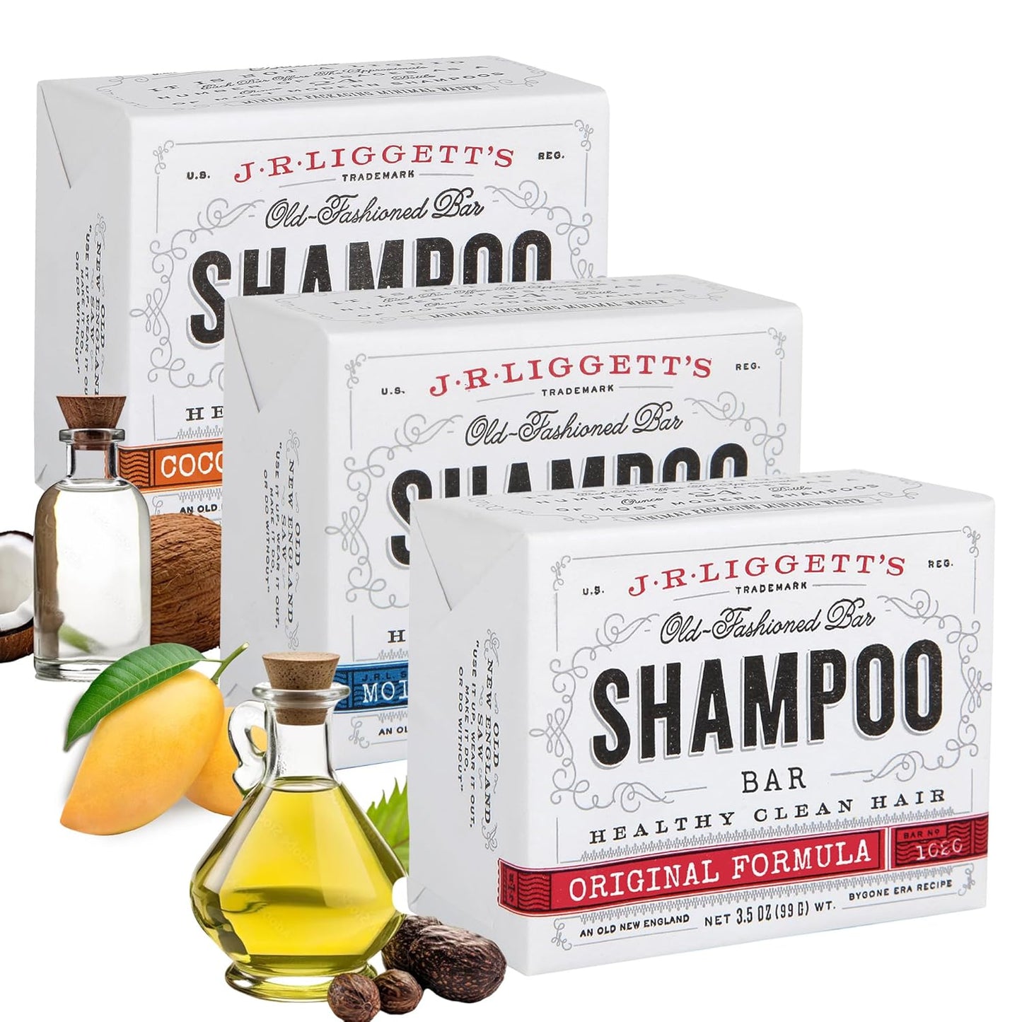 J.R.LIGGETT’S Original Formula, Moisturizing Formula and Coconut & Argan Oil Shampoo Bars - Plant-Based Nourishing Shampoo Bars for All Hair Types - Sulfate-Free for Healthy Hair - 3-Pack