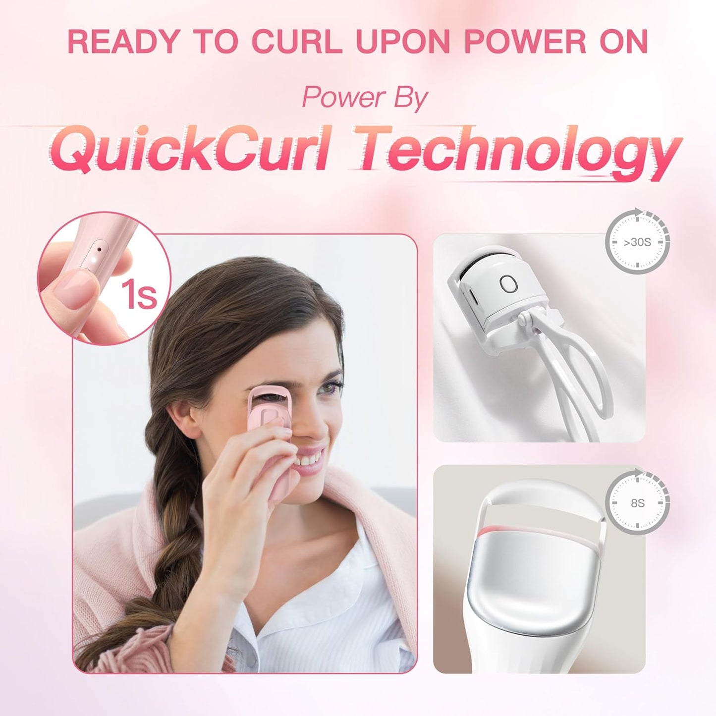 Heated Eyelash Curler Innovative, QuickCurl 2S Heat Up, Naturally Lash Curler 70°C/85°C Adjustable Heat, Safe Food-Grade Silicone, 600mAh Battery Portable Size for Travel (Pink)