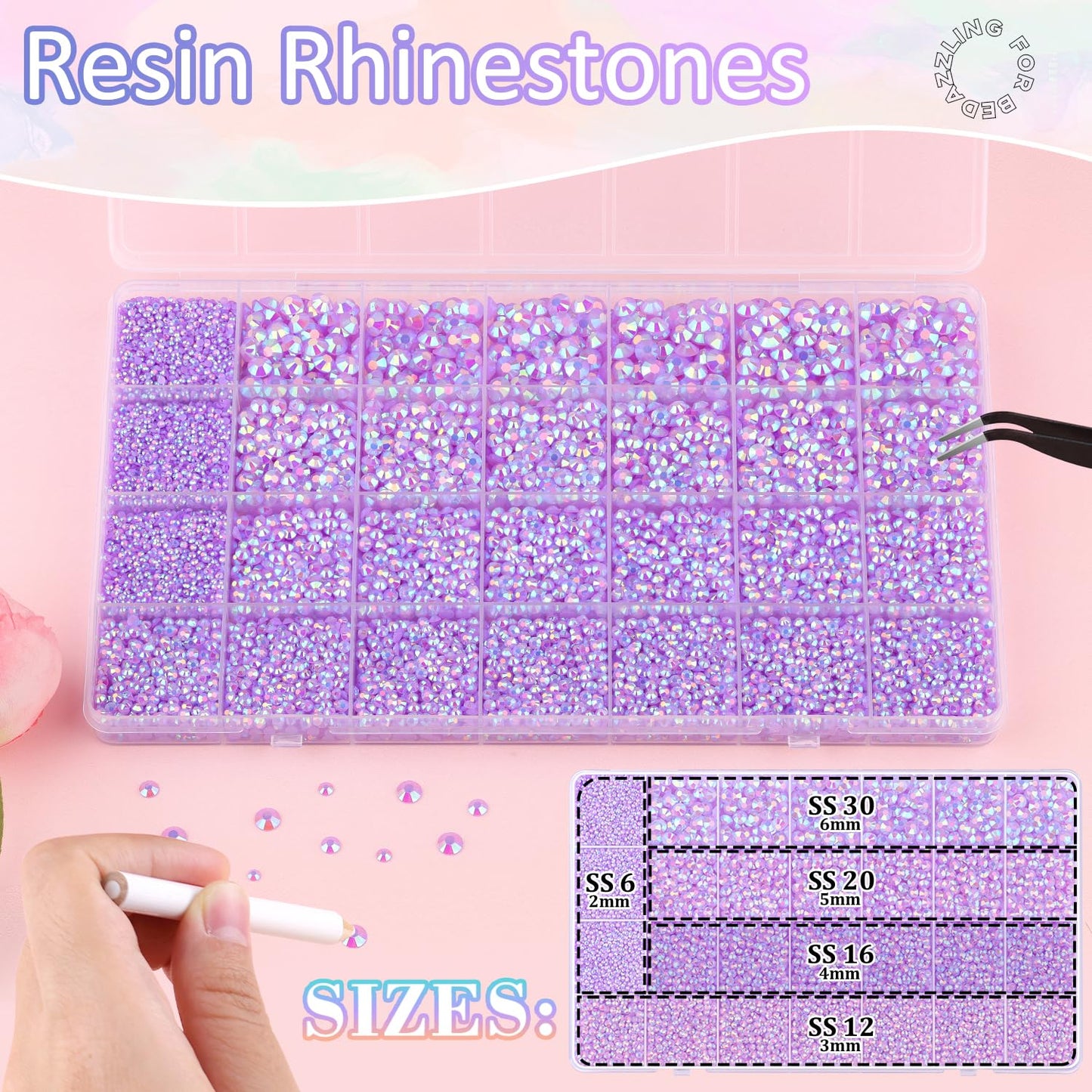 30000Pcs Resin Rhinestones for Bedazzling with 3Pcs B7000 Jewelry Glue, Lavender Purple AB Flatback Gems Rhinestones for Crafting, Clothing Tumblers Mugs Shoes Fabric Decor Nail Art