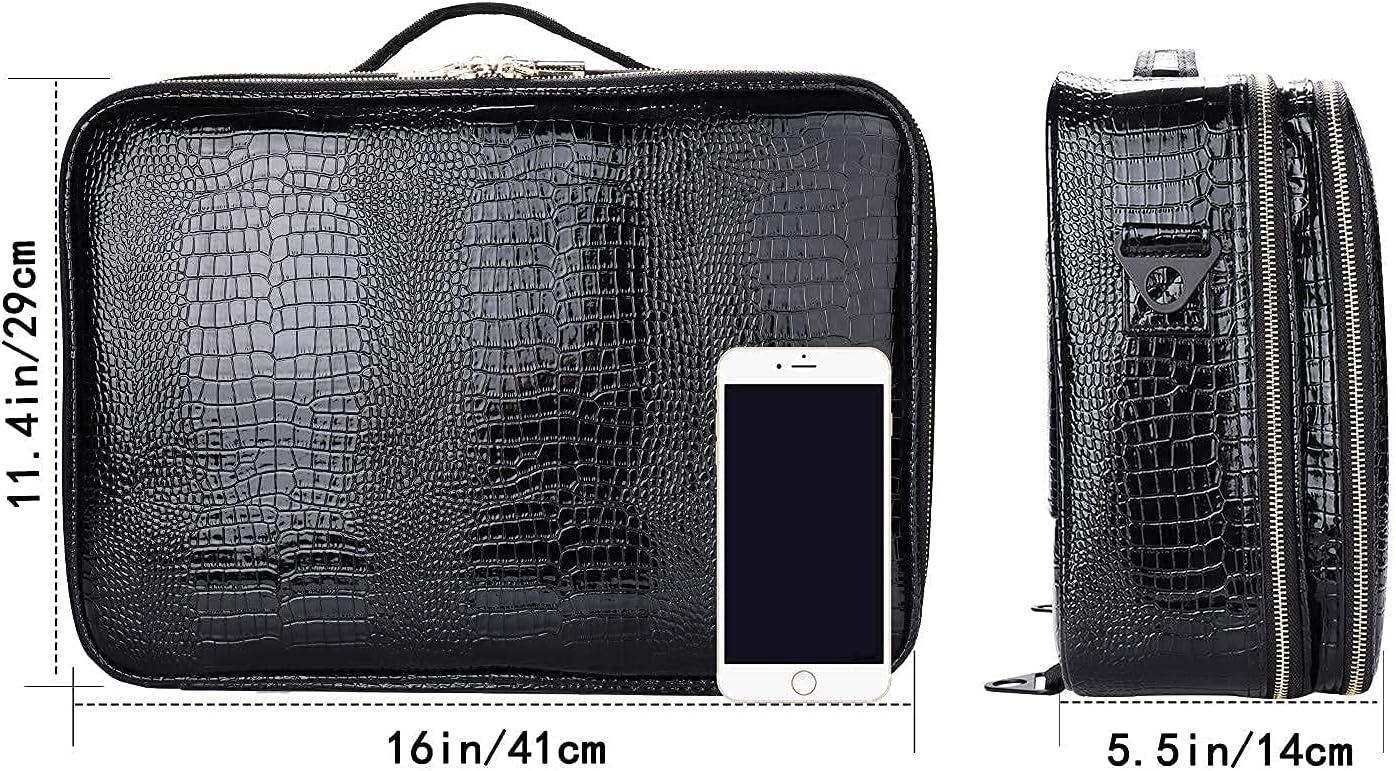 JOURMON Travel Makeup Case Portable Makeup Train Case Organizer Cosmetic Bag with Adjustable Dividers and Shoulder Strap for Makeup Brushes Toiletry Travel Accessories(Crocodile Pattern Black, L)