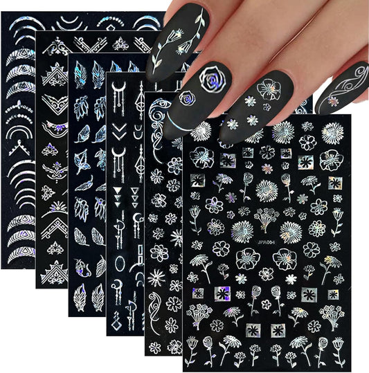 10 Sheets Flower Nail Stickers Silver 3D Self-Adhesive Leaf Art Designs Holographic Laser Manicure Accessories, Style6
