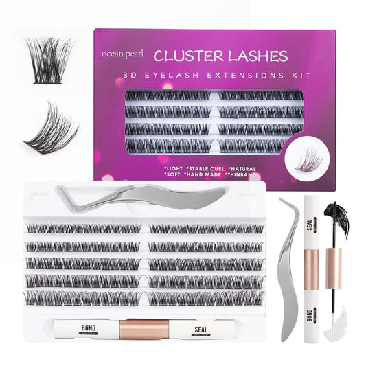 Individual Lashes 120 Cluster Lashes DIY Eyelash Extension Thin Band Wide Stem Lash Clusters with Applicator and Lash Bond and Seal Lash Extension Kit Mix 10-16mm Length C/D Curl - OP01