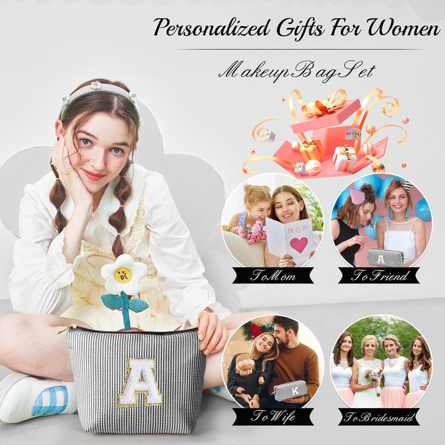 YOOLIFE Personalized Gifts for Women, Cute Travel Makeup Bag Daughter Niece Gifts Cosmetic Bag Skin Care Bag Sister Wife Friend Teacher Engagement Wedding Gifts for Women Mother'S Day Thank You Gift P