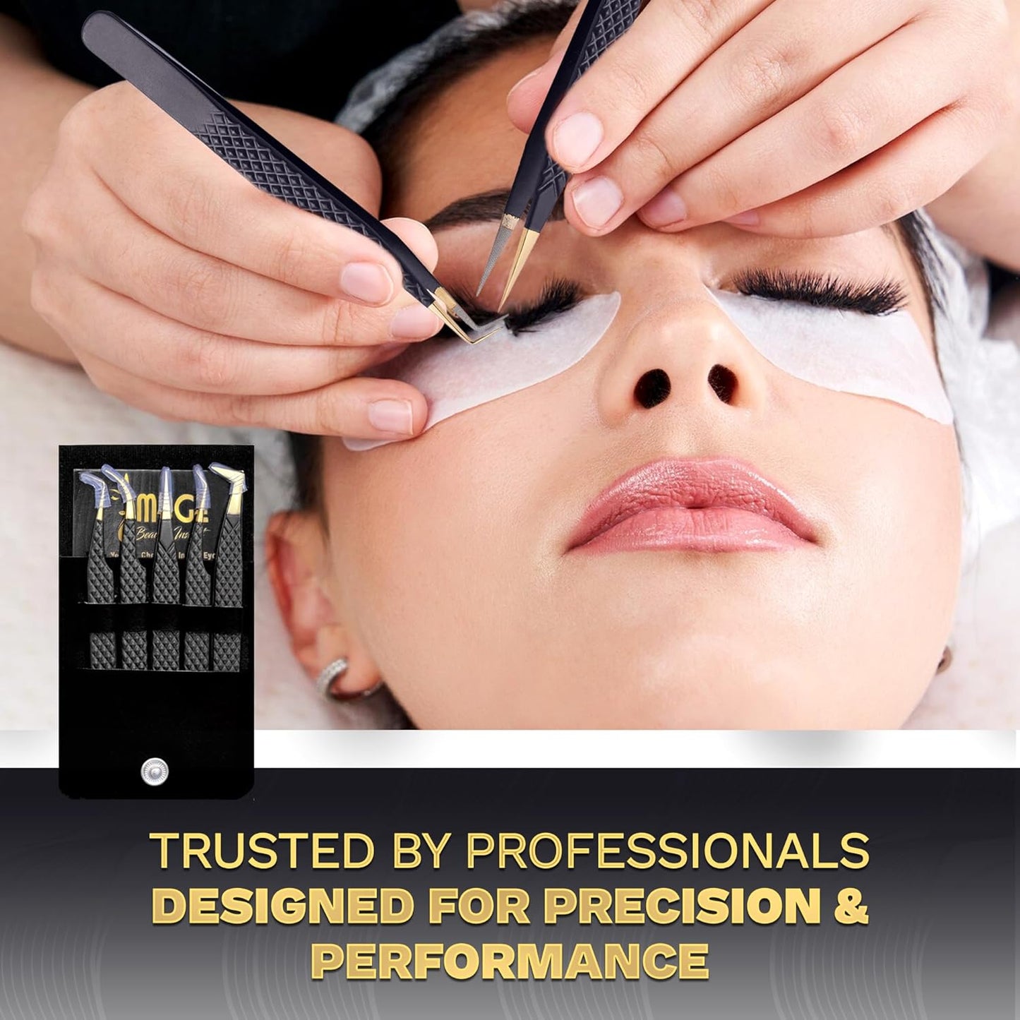 5 Pcs Fiber-Tip Japanese Steel Lash Tweezer Set with Leather Case, Professional Eyelash Tweezers for Lash Extensions – Titanium Coated, 90 & 45 Angled, Precision Pointed Tweezers (MATT BLACK)