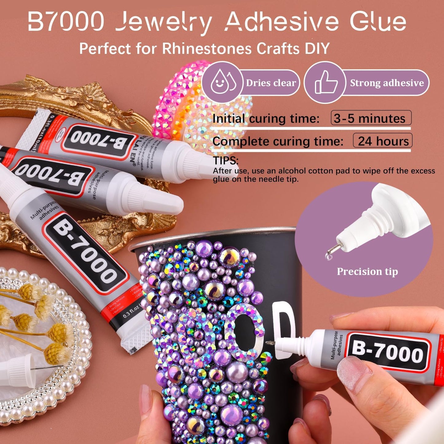 80g Flatback Pearls and Rhinestones for Crafting, Purple 3-10mm Resin Rhinestones and Half Pearls for Bedazzling, Nail Art and Dec with 3pcs 10ml B7000 Jewelry Glue, Tweezer and Pickup Pencil