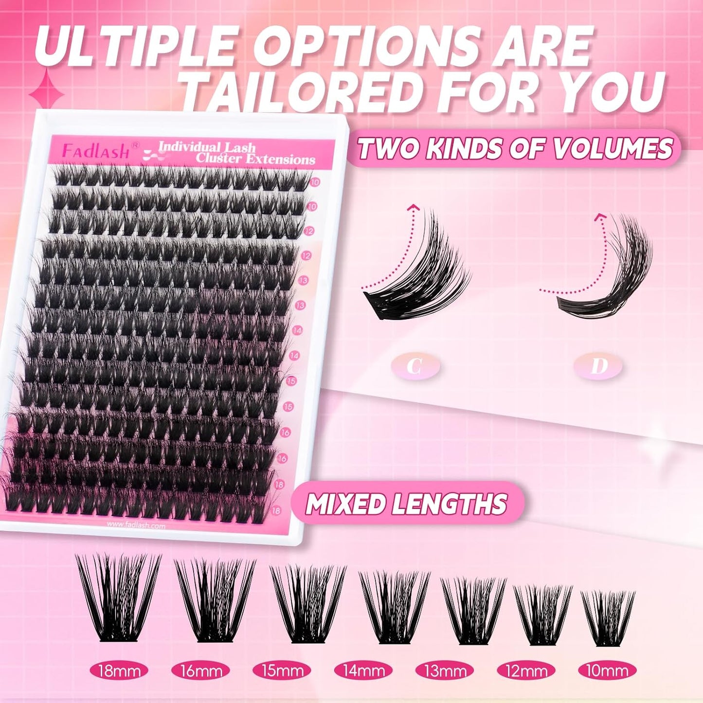Lash Clusters 280pcs 80D 10-18mm Cluster Lashes Mixed Tray 3D Effect Volume Individual Lashes Cluster Eyelash Extensions Fluffy Soft D Curl DIY Lash Extension Kit at Home (80D-0.07-D,10-18mm)