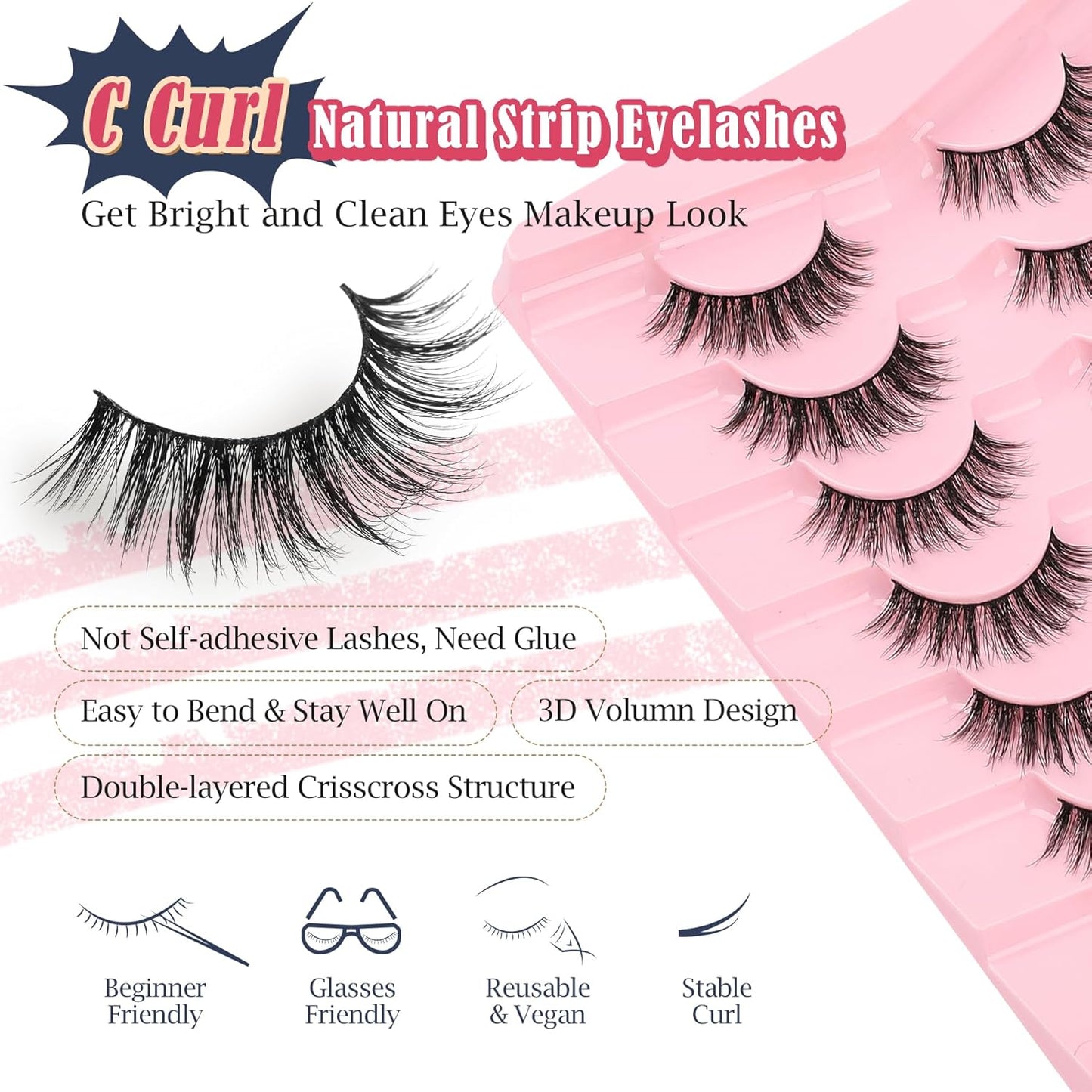 False Lashes Wispy Eyelashes Natural Look 15MM Fake Eyelash with 0.1MM Thin Band Lightweight 3D Volume Fluffy Eye Lashes C Curl Soft Lash Pack Siligli 7 Pair