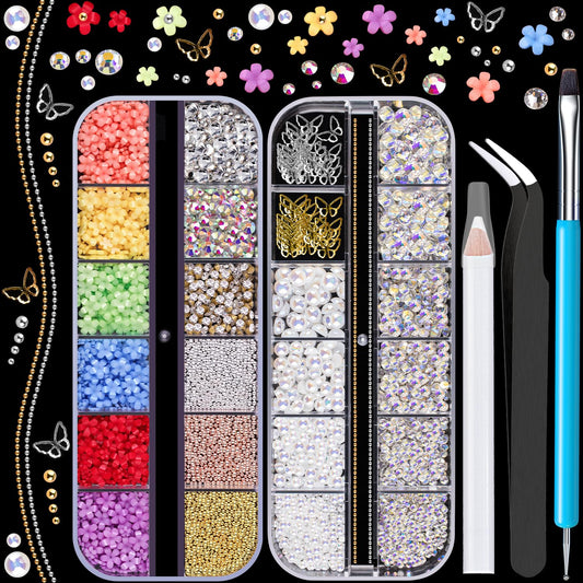 3D Nail Charms, Butterfly Colorful Acrylic Flower Starry AB Gemstones Caviar Beads Half Round Pearl, Flat Back Glass Crystal AB + Clear Round Rhinestones for Nails with Pickup & Dotting Tools