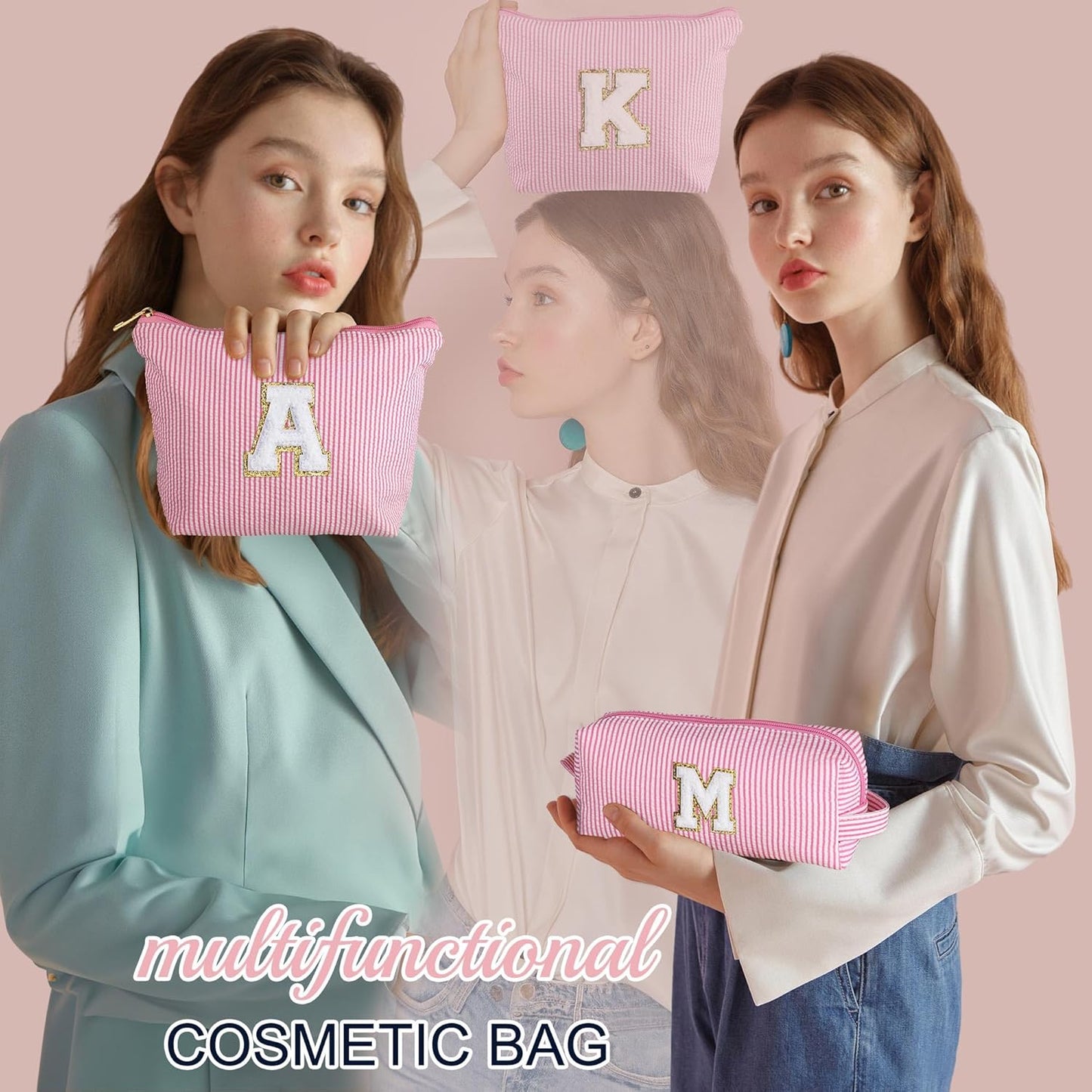 YOOLIFE Personalized Initial Makeup Bag for Women | Pink Cosmetic Travel Toiletry Bag | 11 12 13 14 15 16 Years Old Girl Gifts | Preppy Stuff Teen Girl Gift Trendy Stuff A