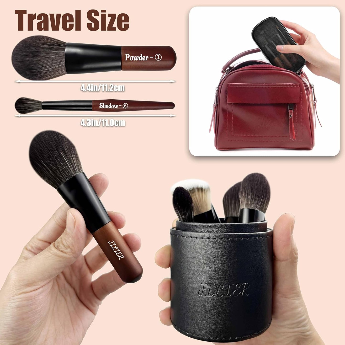 Jilier 14 pcs Mini Makeup Brushes and Pocket Mirror, Travel Makeup Brush Set, LED Compact Mirror with Light, Travel Size with Case, Portable for Handbag, Travel Essentials for Women