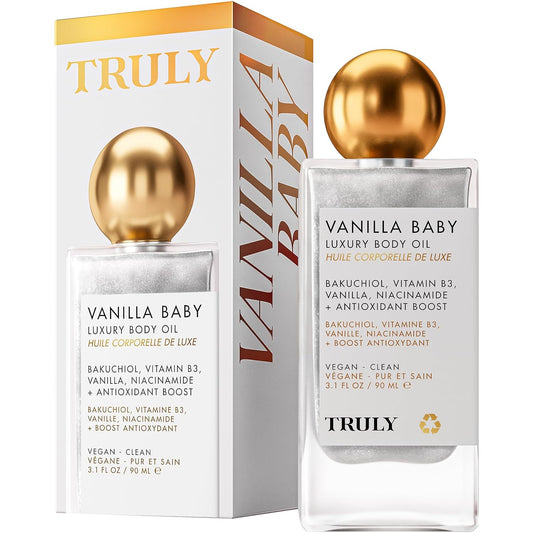 Truly Beauty Vanilla Baby Luxury Body Oil | Plumping Body Shimmer Oil for Hydration & Firmness | With Bakuchiol & Niacinamide for Collagen Boost | Vanilla, Pear & Caramel Scent | Radiant Glow