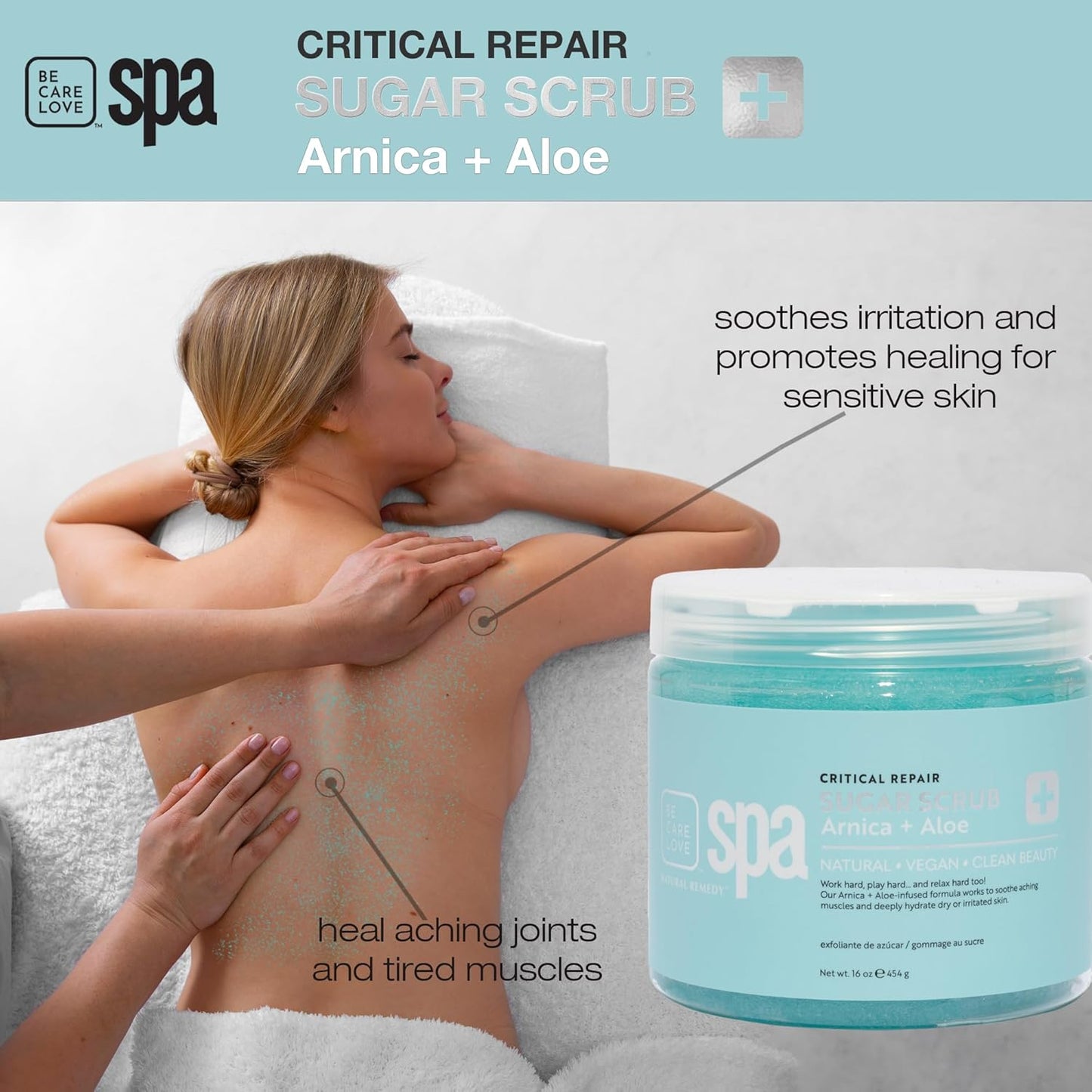 BCL Spa Critical Repair organic sugar scrub with Arnica and Aloe Vera, Hydrating & Exfoliating Body Scrub, Soothing & Nourishing organic botanical extracts & oils for hands, body, and foot spa, 16 oz